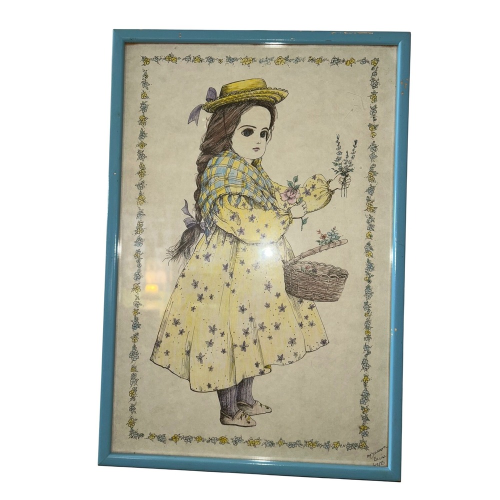 Art Vintage Baby Doll 1983 Shannon Framed Girl Yellow Floral Dress 13x18